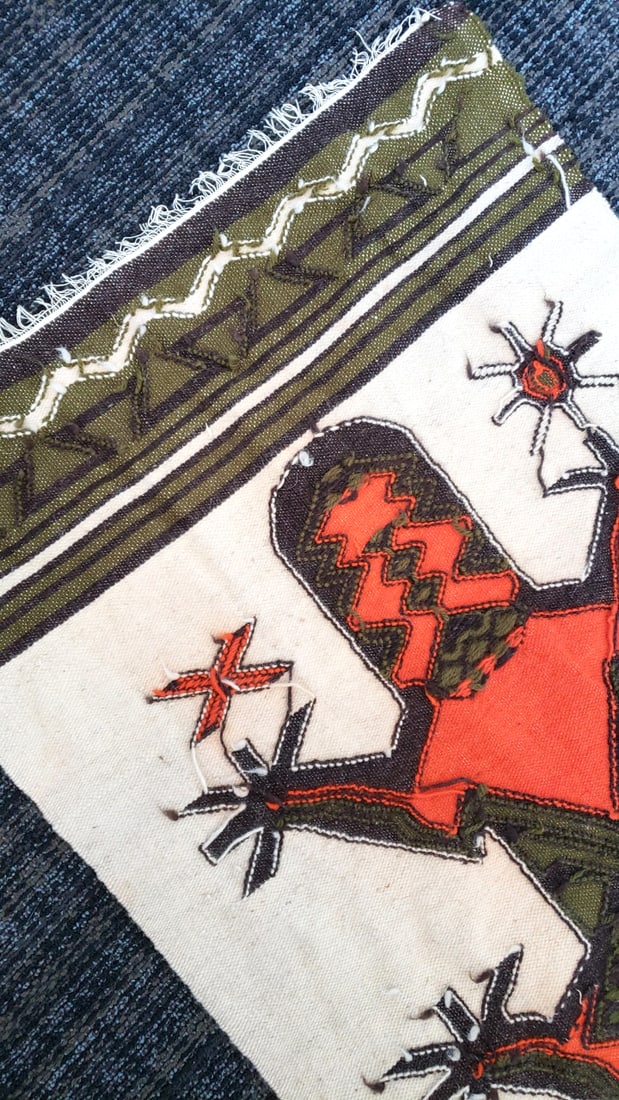 Woven Textile Tapestry Rug Orange Olive Black Frog Motif with Fringed Ends Colorbleed - 6