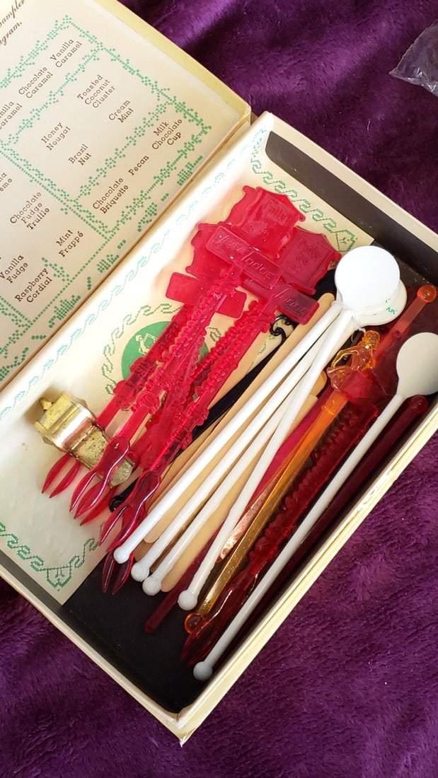 Whitman's Sampler Chocolate Confections Box with Vintage Cocktail Stirrers & Restaurant Coasters - 3
