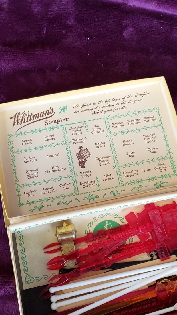 Whitman's Sampler Chocolate Confections Box with Vintage Cocktail Stirrers & Restaurant Coasters - 4
