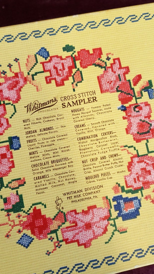 Whitman's Sampler Chocolate Confections Box with Vintage Cocktail Stirrers & Restaurant Coasters - 7