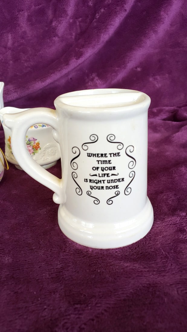 Assorted Ceramic Decor Lot: Your Father's Mustache New Orleans Mug, Floral Creamer, Mosaic Tray - 6