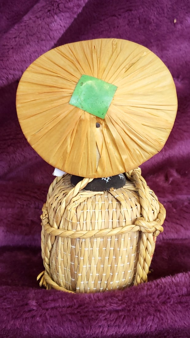 Signed Japanese Daruma 3D Ceramic Wall Plaque in Carved Wood Frame, Woven Figurine - 8