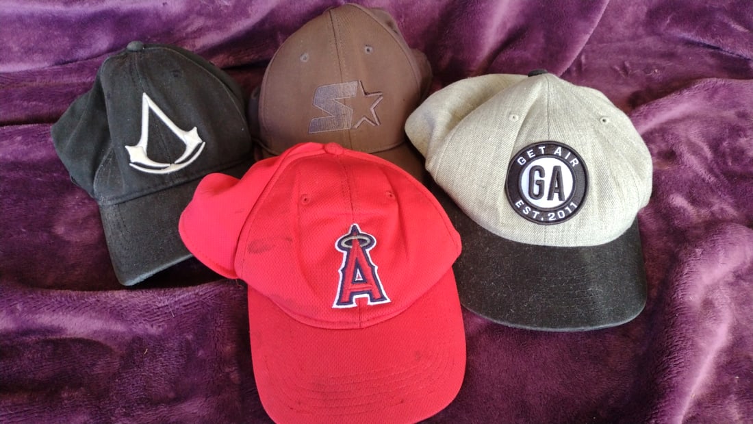 Lot of 4 Baseball Caps MLB Angels OC Sports OSFM, Get Air KBETHOS Snapback, Assassins Creed, Star...: 11x8x5 Low Estimate: 8.00 High Estimate: 25.00