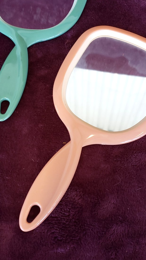 Plastic Handheld Vanity Mirrors & Folding Comb Mirror Set, Teal Peach Amber - 4