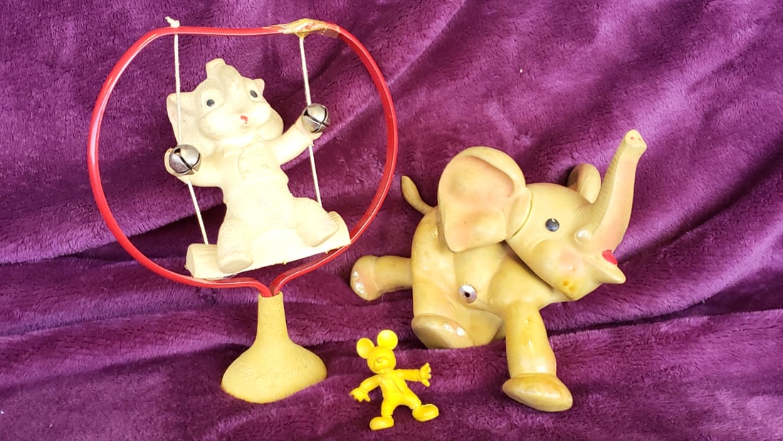 Walt Disney Rubber Toy Lot Mickey Mouse Dumbo Rempel Elephant Jolly Swing Figure: Plastic on elephant a bit sticky 6x8x5 1lb Low Estimate: 30.00 High Estimate: 220.00