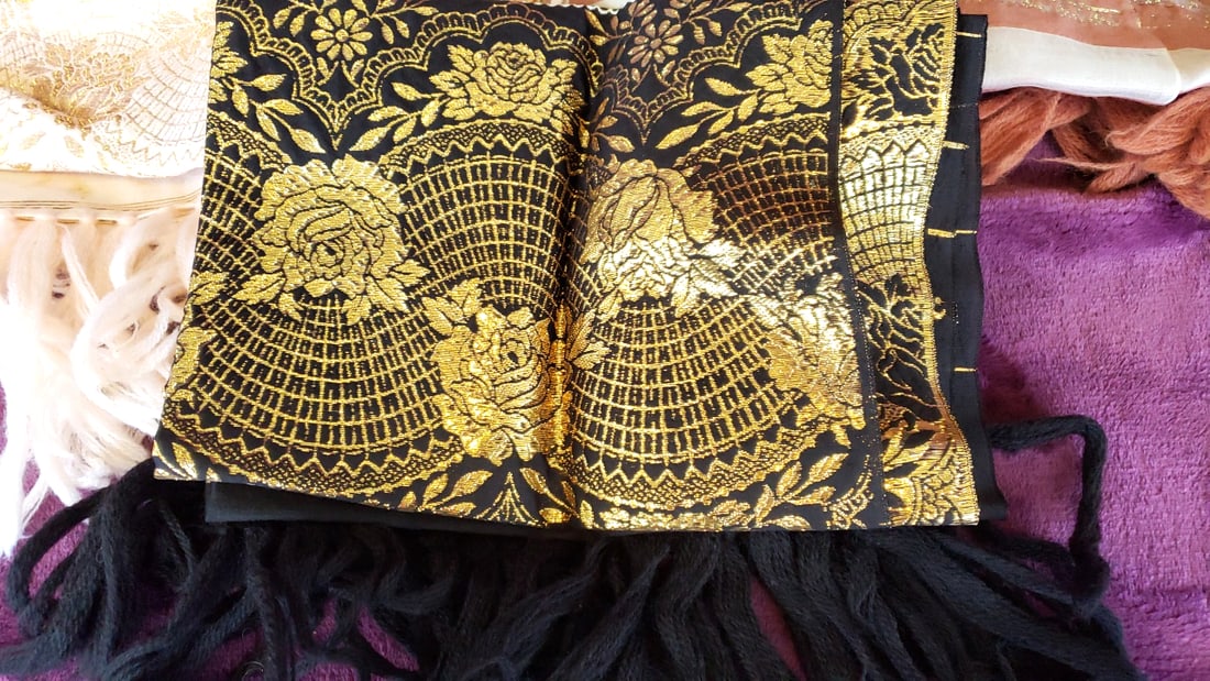 Lot of 3 Gold Floral Jacquard Scarves/Shawls, Black Cream Peach, Fringe - 2