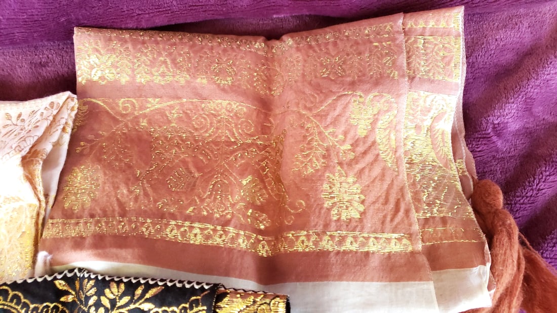 Lot of 3 Gold Floral Jacquard Scarves/Shawls, Black Cream Peach, Fringe - 3