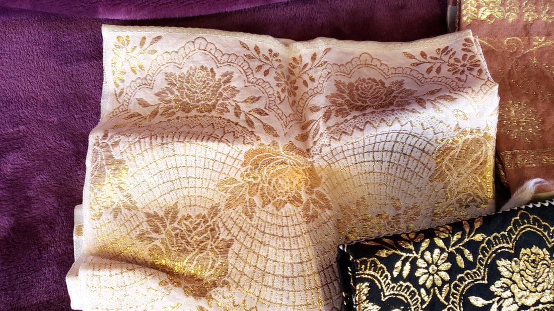 Lot of 3 Gold Floral Jacquard Scarves/Shawls, Black Cream Peach, Fringe - 4