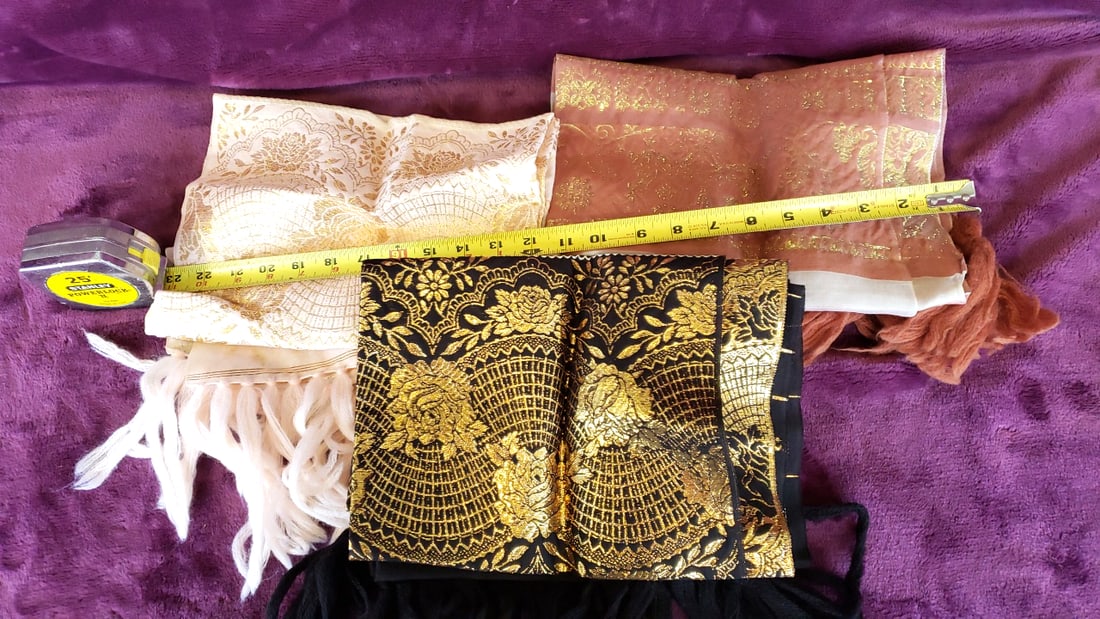 Lot of 3 Gold Floral Jacquard Scarves/Shawls, Black Cream Peach, Fringe - 5