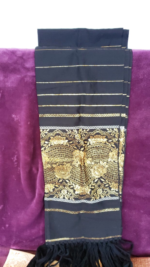 Lot of 3 Gold Floral Jacquard Scarves/Shawls, Black Cream Peach, Fringe - 6