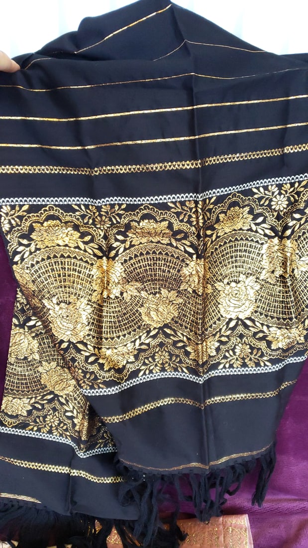 Lot of 3 Gold Floral Jacquard Scarves/Shawls, Black Cream Peach, Fringe - 7