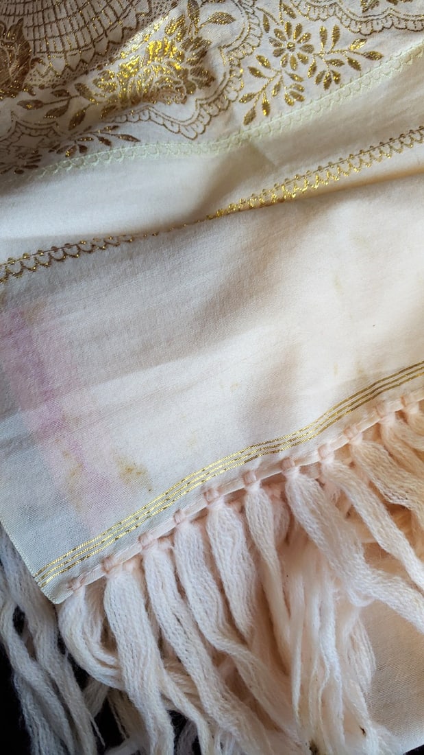 Lot of 3 Gold Floral Jacquard Scarves/Shawls, Black Cream Peach, Fringe - 8