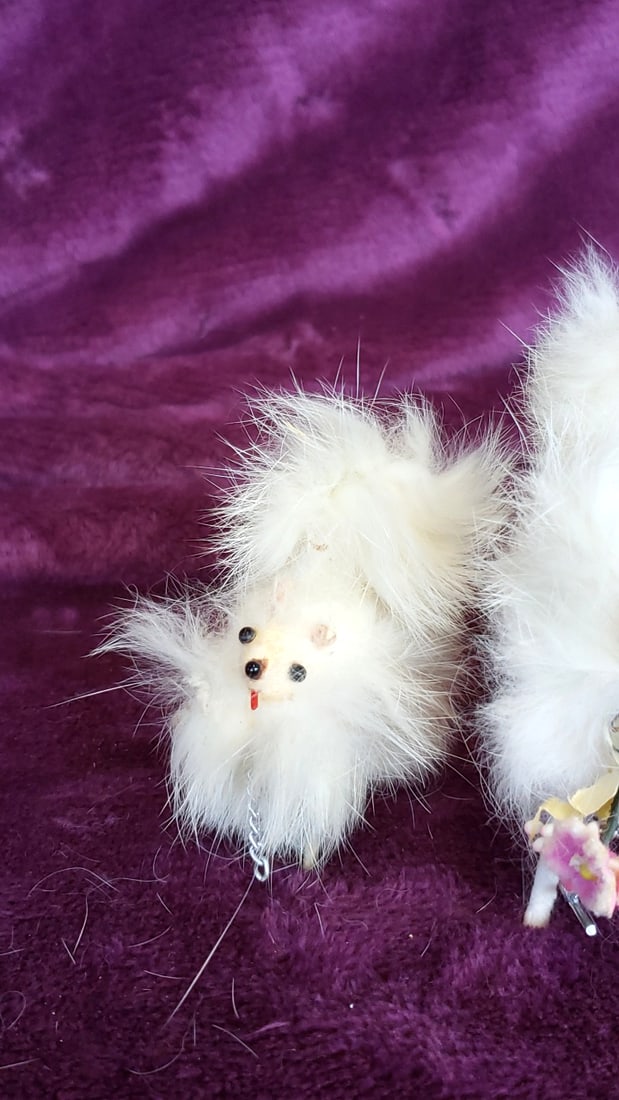 Lot of 3 White Faux Fur Dog Figurines with Chain and Flower Accents - 2