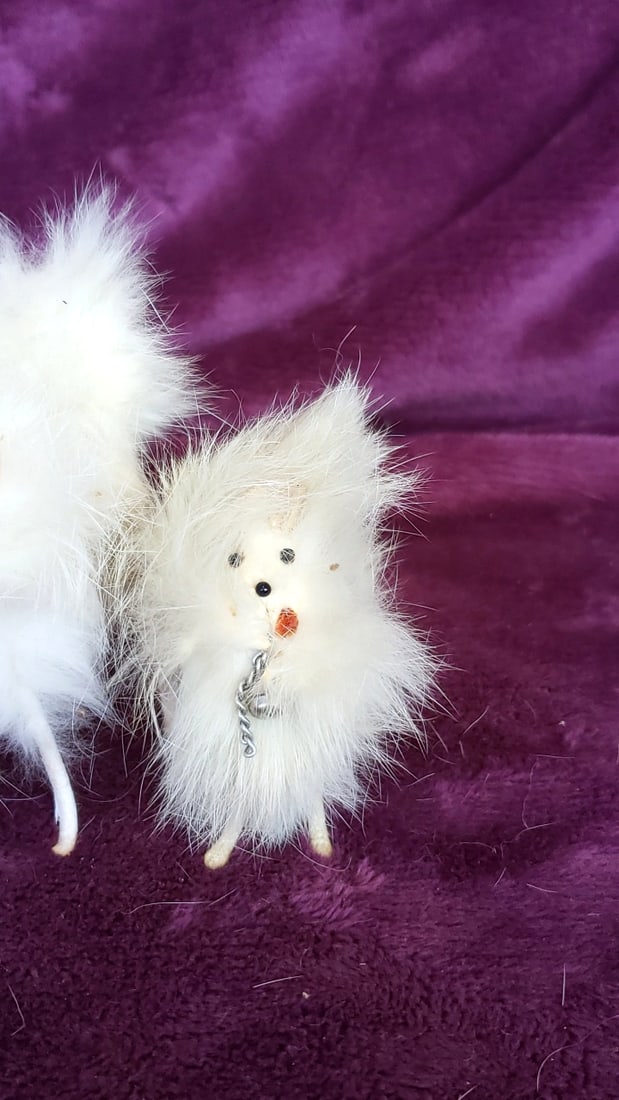 Lot of 3 White Faux Fur Dog Figurines with Chain and Flower Accents - 4