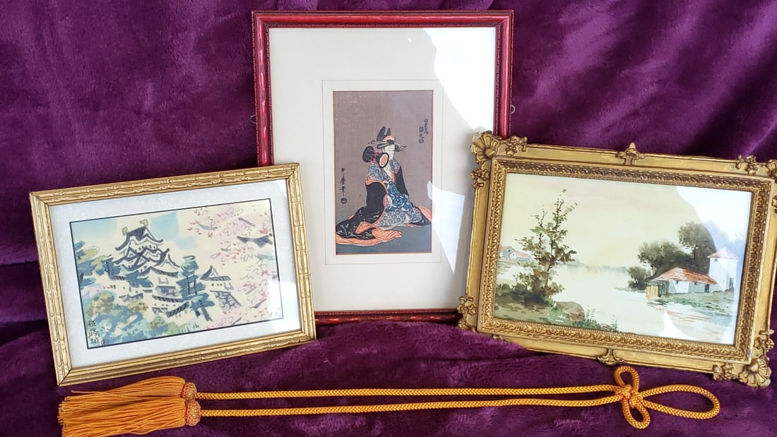 Lot of 3 Framed Art Prints: Japanese Geisha, Castle and Landscape with Orange Tassel Cord: 10x8x3 1lb Low Estimate: 15.00 High Estimate: 60.00