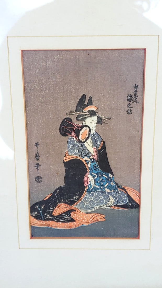 Lot of 3 Framed Art Prints: Japanese Geisha, Castle and Landscape with Orange Tassel Cord - 4