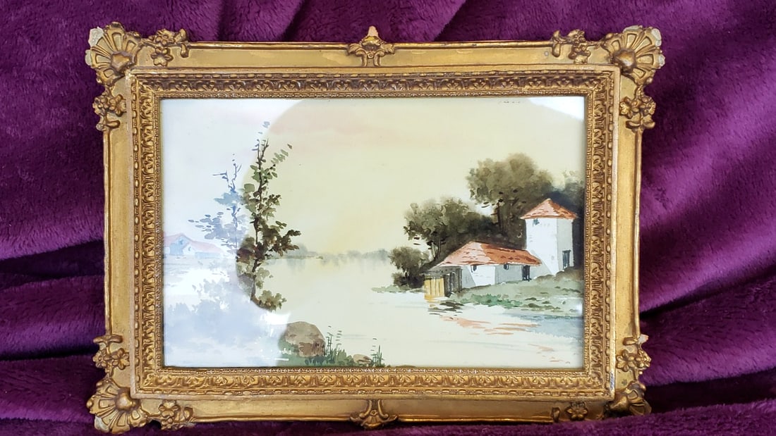 Lot of 3 Framed Art Prints: Japanese Geisha, Castle and Landscape with Orange Tassel Cord - 6