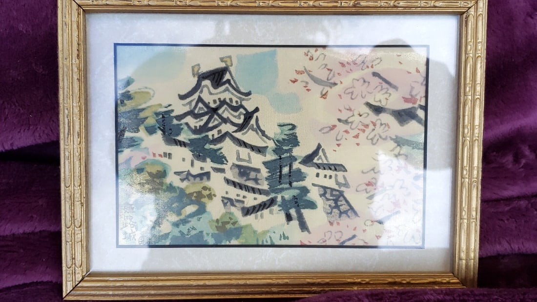 Lot of 3 Framed Art Prints: Japanese Geisha, Castle and Landscape with Orange Tassel Cord - 9