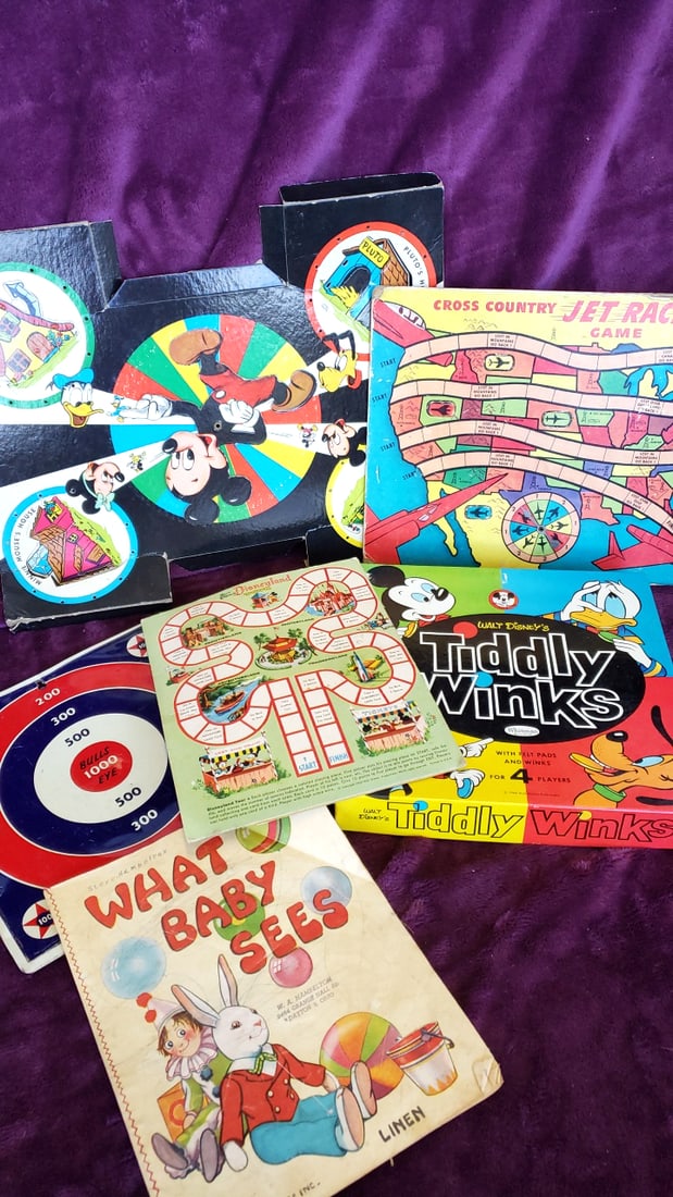 Vintage Game Lot Whitman Disney Tiddly Winks, Disneyland Tots, Jet Race, Knickerbocker Target, What: 17x13x4 1lb Low Estimate: 20.00 High Estimate: 55.00