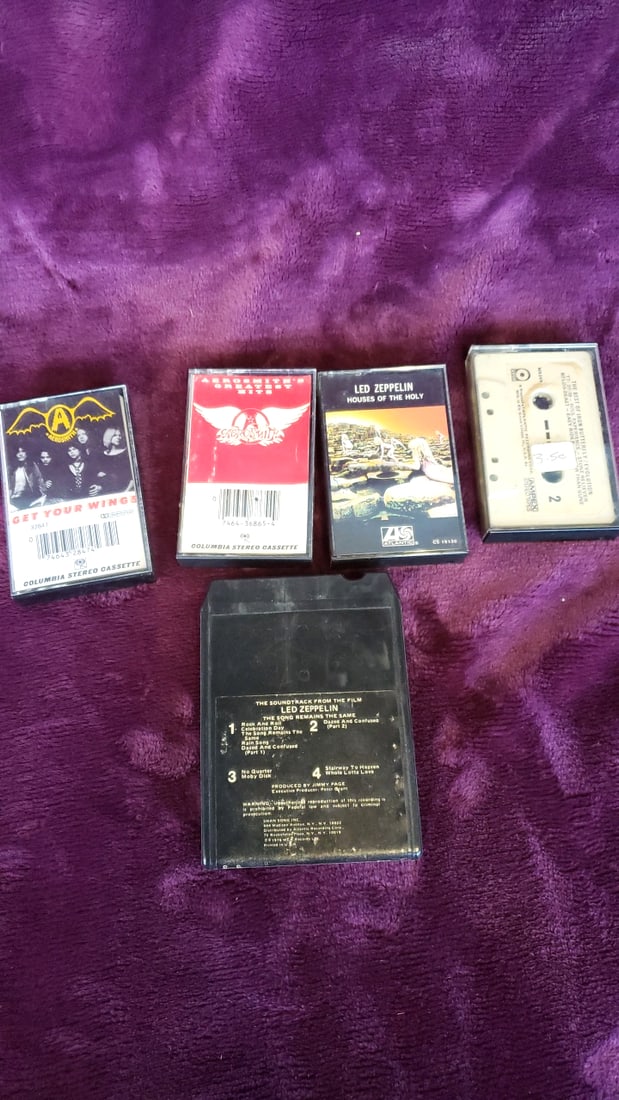 5 Rock Cassette Tape Lot: Aerosmith Get Your Wings/Greatest Hits, Led Zeppelin, Iron Butterfly: 4.5 x 4.5 x 3.5 1.2 lb Low Estimate: 10.00 High Estimate: 35.00