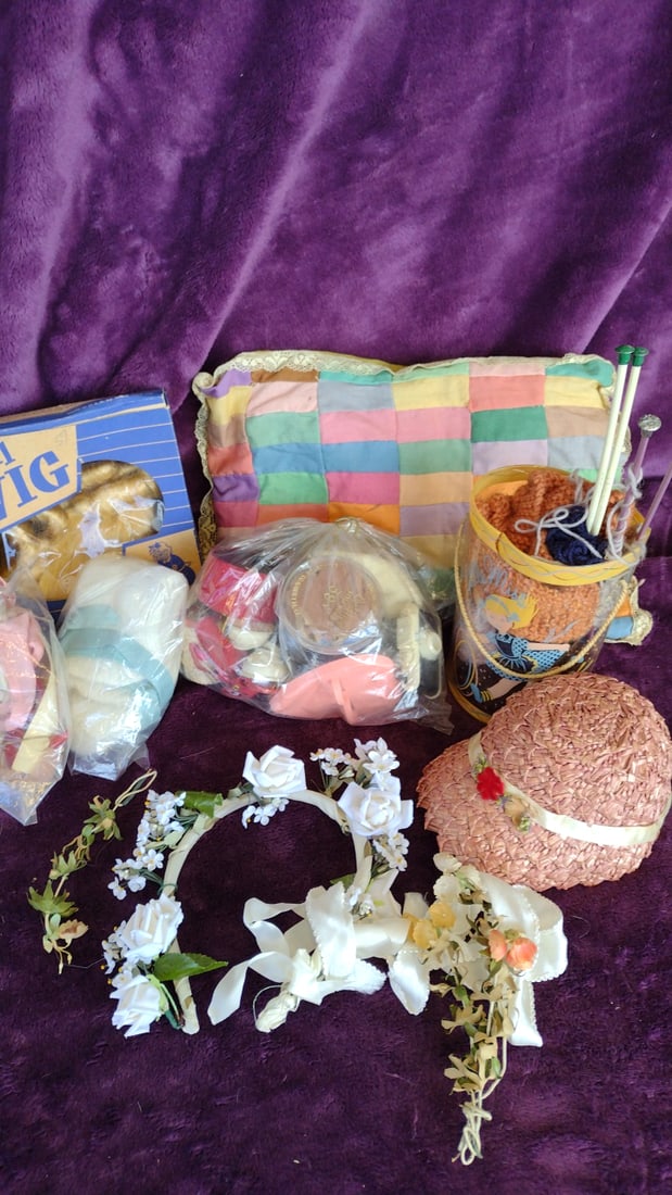 Doll Accessories Lot Floral Headpieces Straw Hat Clothes Wigs Knitting Basket: 16x6x8 3lb Low Estimate: 8.00 High Estimate: 35.00