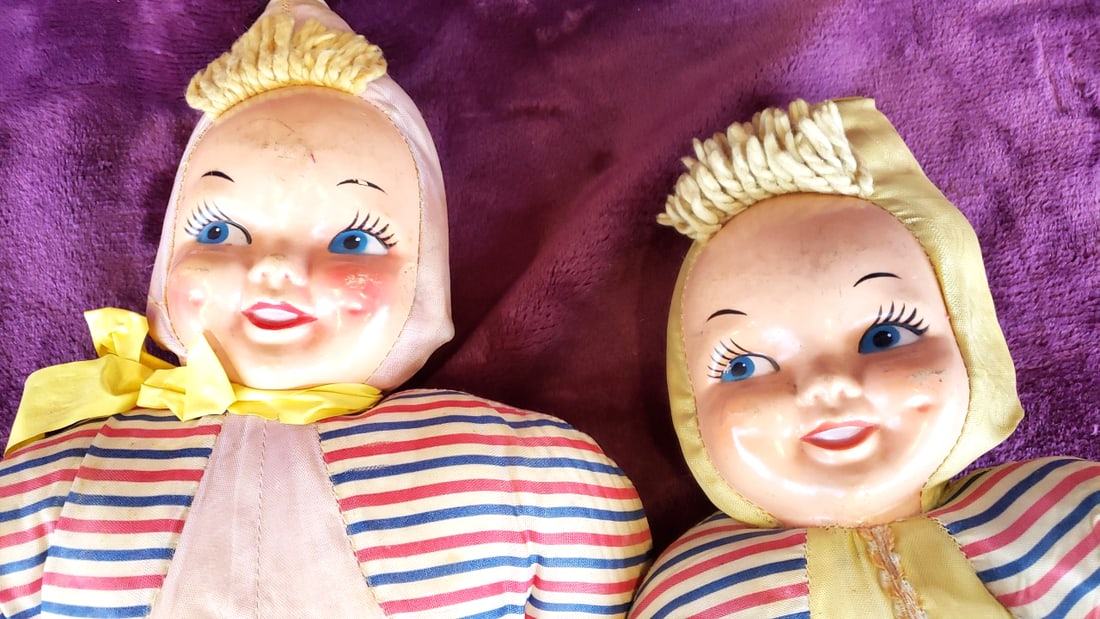 Pair of Rubber Face Cloth Carnival Prize Baby Dolls in Striped Pajamas and Bonnets, 16 in - 2