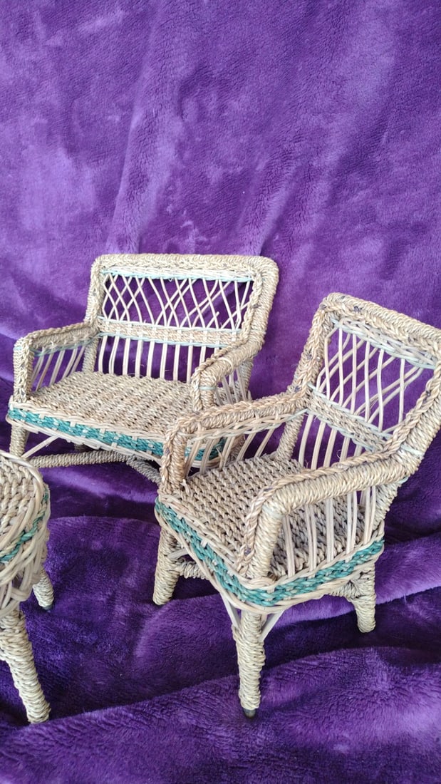 Dollhouse Miniature Wicker Patio Furniture Set, Loveseat, 2 Chairs & Round Table - 2