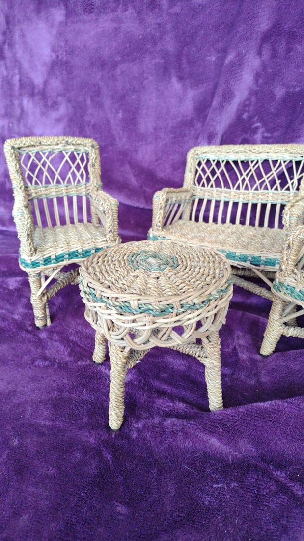 Dollhouse Miniature Wicker Patio Furniture Set, Loveseat, 2 Chairs & Round Table - 3
