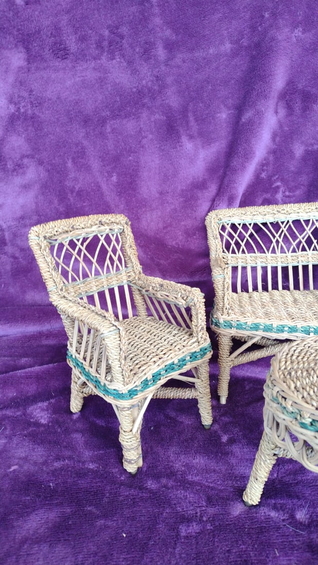 Dollhouse Miniature Wicker Patio Furniture Set, Loveseat, 2 Chairs & Round Table - 4