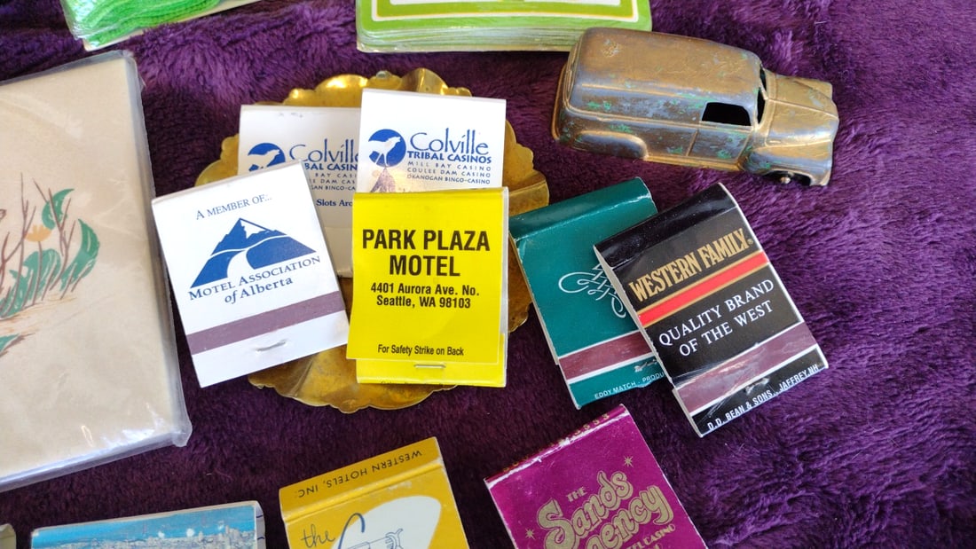 Mixed Collectibles Lot Park Plaza Motel Sands Regency Matchbooks, Brass Ashtray, Toy Car, Pens, C... - 3