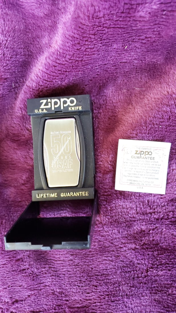 Zippo U.S.A. Knife Air Force Association 50 Years USAF 1997 Commemorative with Box: 2.1 x 3.2 x 0.7 0.25 lb Low Estimate: 15.00 High Estimate: 65.00