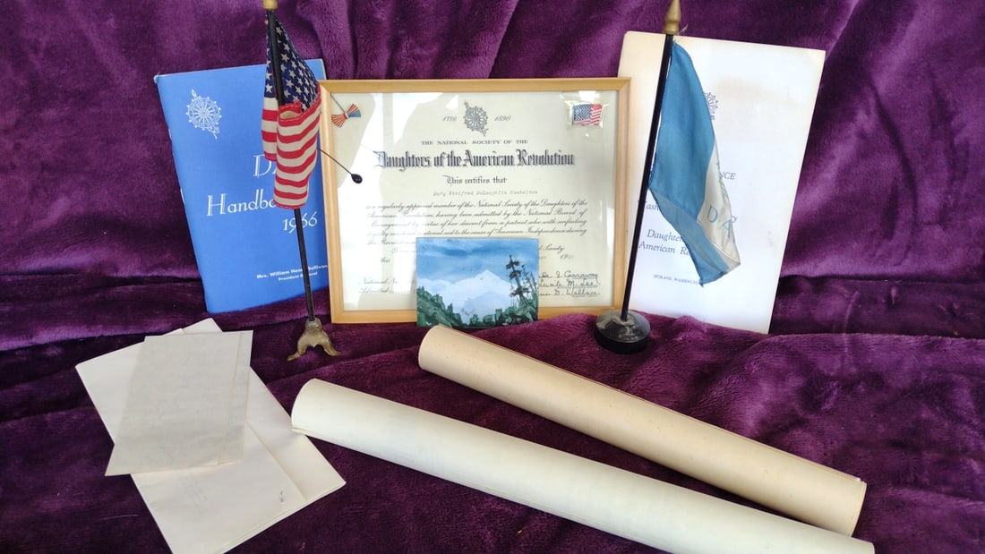 Daughters of the American Revolution DAR 1966 Handbook, Flags, Certificate & Ephemera Lot: 12x8x8 1lb Low Estimate: 10.00 High Estimate: 50.00