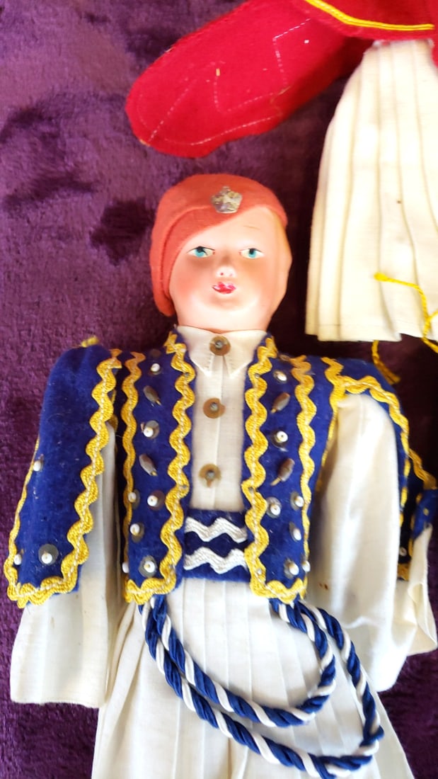 Greek Evzone Tsolias Folk Costume Dolls Red & Blue Vests Lot of 2 - 6