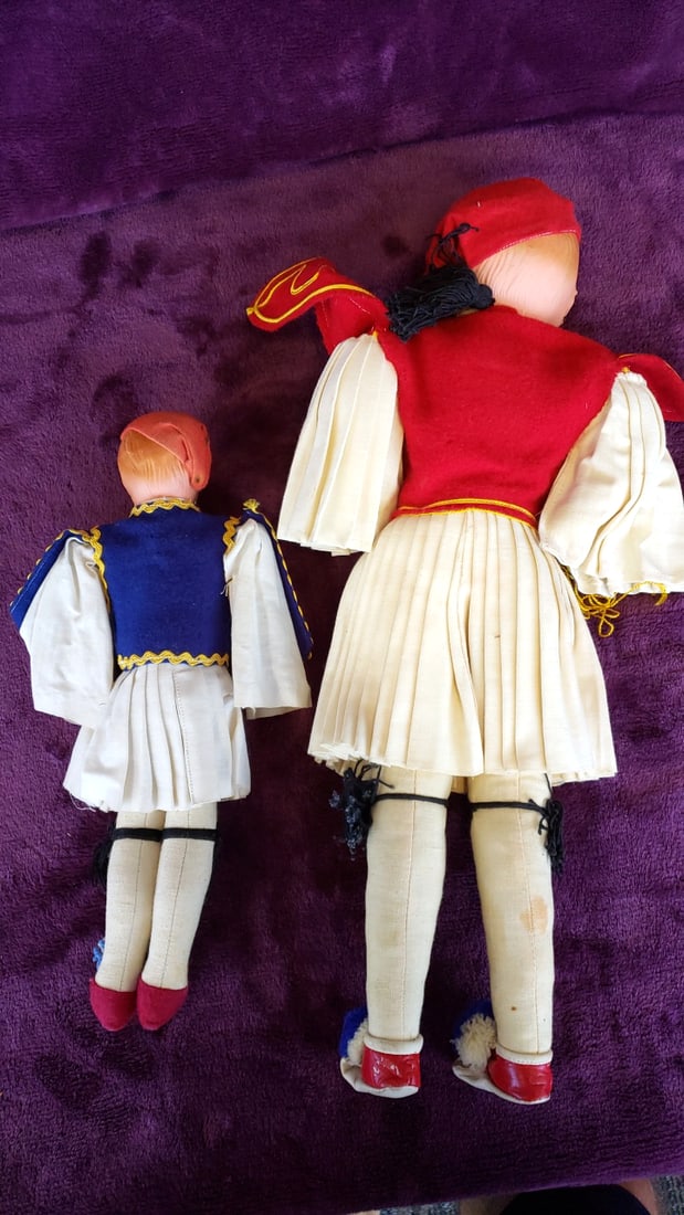 Greek Evzone Tsolias Folk Costume Dolls Red & Blue Vests Lot of 2 - 7