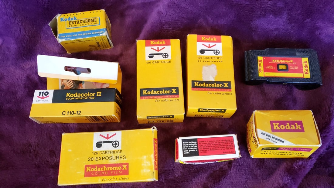 Vintage Kodak Film Lot Kodachrome-X Kodacolor-X Ektachrome Plus-X Pan 126 & 110 Cartridges: 6x6x6 1 Low Estimate: 20.00 High Estimate: 55.00
