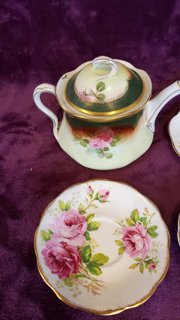 Mixed Floral Bone China Teapot and Saucers, Royal Albert American Beauty, Regency, Louise Bavaria - 2