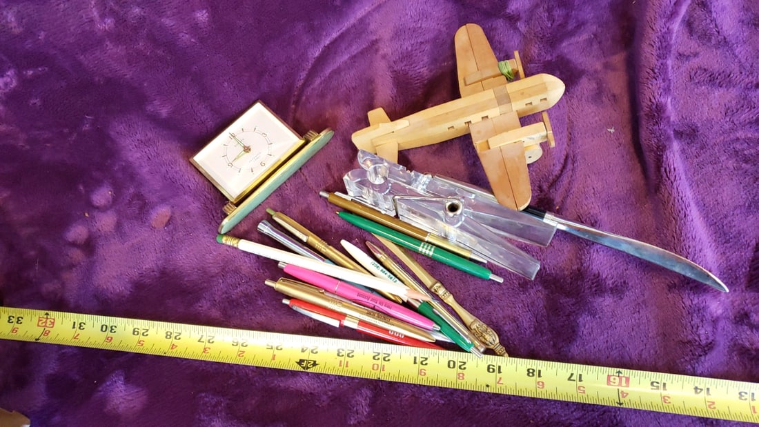Europa 2 Jewels Desk Clock, Pens, Letter Opener & Wooden Airplane Model Lot - 6