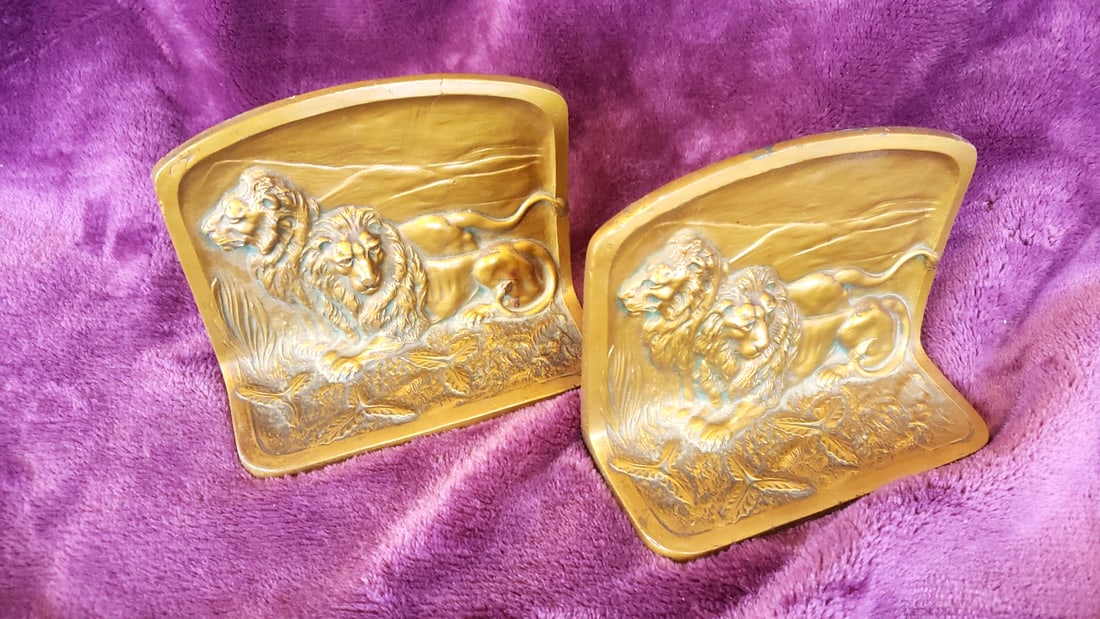 Pair Gold-Tone Metal Lion Relief Bookends, Marked 183 (1 of 5)