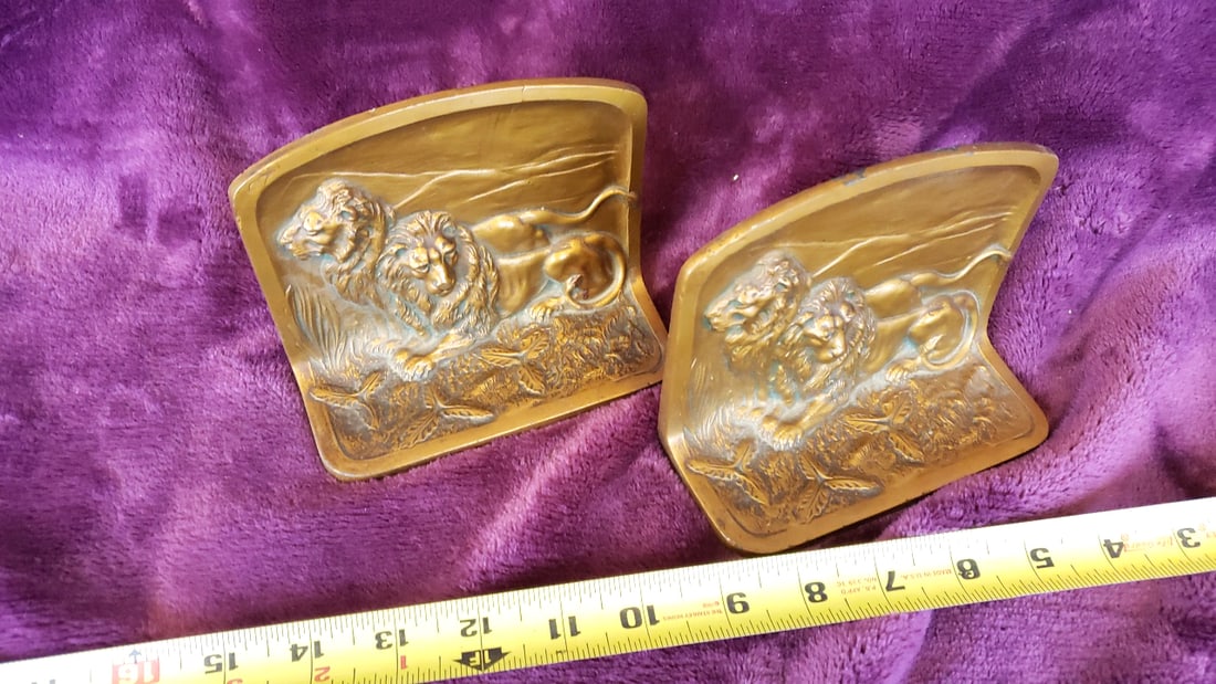 Pair Gold-Tone Metal Lion Relief Bookends, Marked 183 - 2