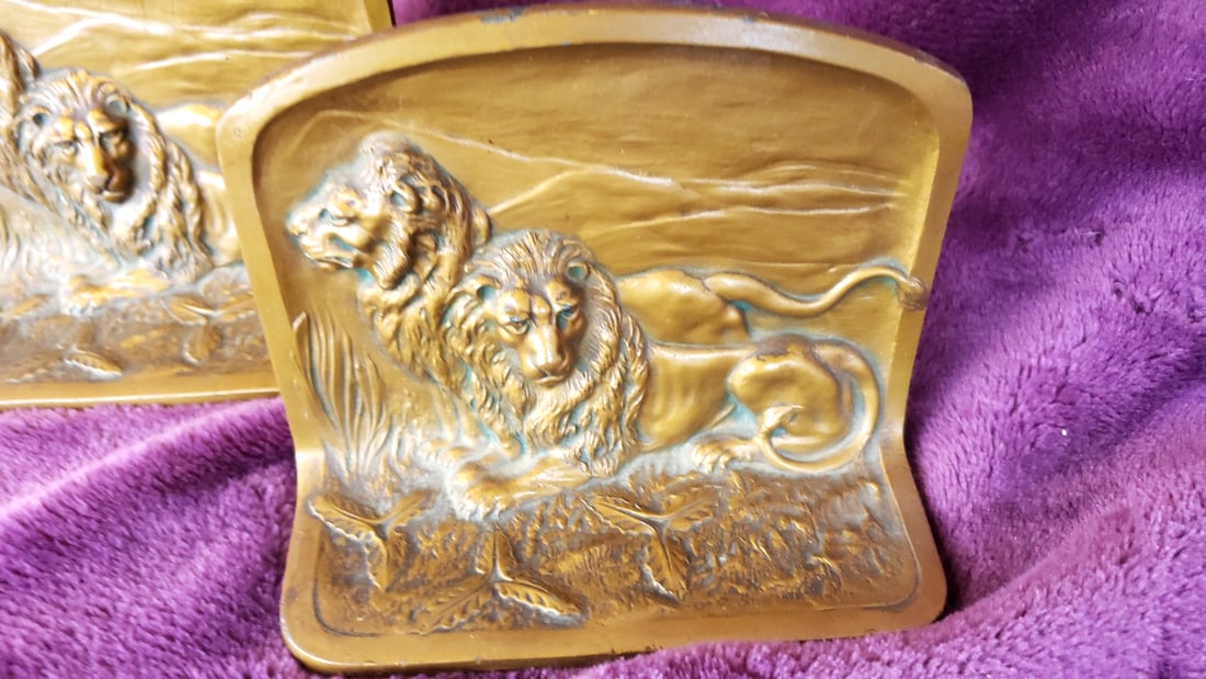 Pair Gold-Tone Metal Lion Relief Bookends, Marked 183 - 3