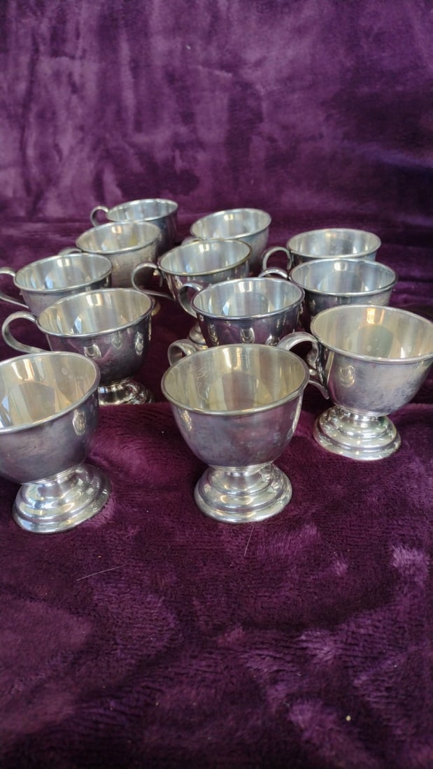Nickel Silver Footed Punch Bowl Set with Ladle and 12 Handled Cups - 2