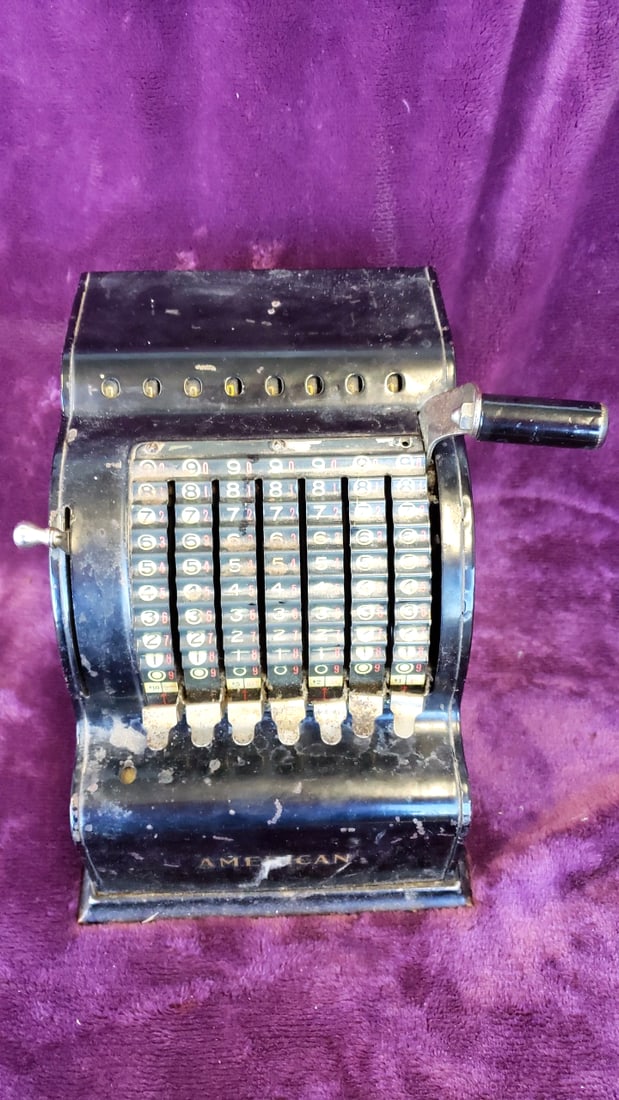 American Can Mechanical Adding Machine Calculator Black Metal Hand-Crank 8-Column: 12 x 8.5 x 9 16 lb Low Estimate: 25.00 High Estimate: 125.00