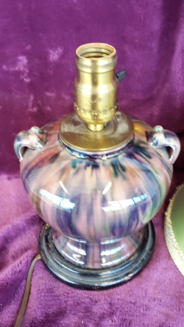Made in Japan Iridescent Lusterware Ceramic Urn Table Lamp with Green Shade: 8 x 13 x 8 4 lb Low Estimate: 25.00 High Estimate: 125.00