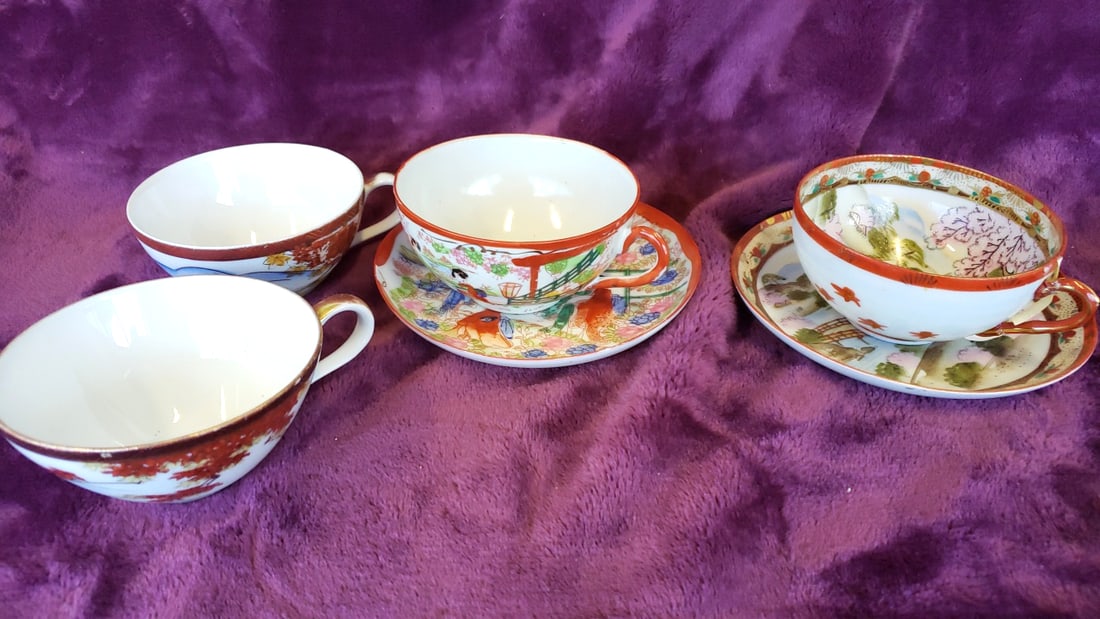 Japanese Porcelain Teacups and Saucers Geisha Landscape Red Gold Trim Lot: 12x12x12 3 Low Estimate: 20.00 High Estimate: 75.00