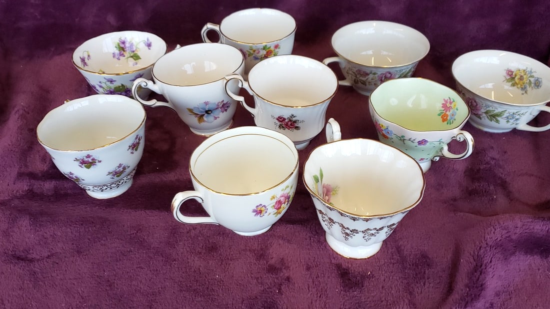Lot of 10 Floral Fine Bone China Teacups: Foley, Rosina, Royal Jackson, Royal Windsor, Woodlands: no saucers 12x12x12 5 Low Estimate: 35.00 High Estimate: 100.00