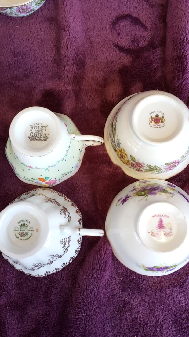 Lot of 10 Floral Fine Bone China Teacups: Foley, Rosina, Royal Jackson, Royal Windsor, Woodlands - 3