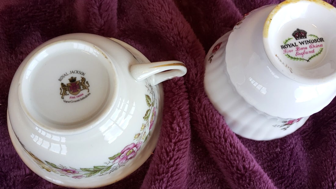 Lot of 10 Floral Fine Bone China Teacups: Foley, Rosina, Royal Jackson, Royal Windsor, Woodlands - 5