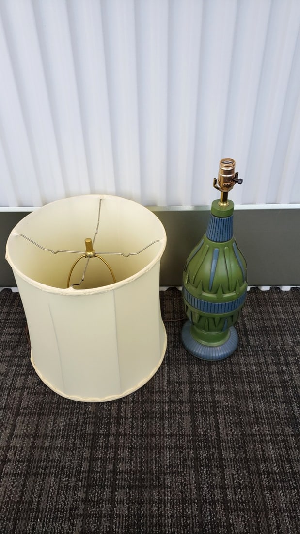 Mid Century Green and Blue Ceramic Table Lamp with Cream Drum Shade, 23 in: 14 x 23 x 14 7 lb Low Estimate: 25.00 High Estimate: 150.00