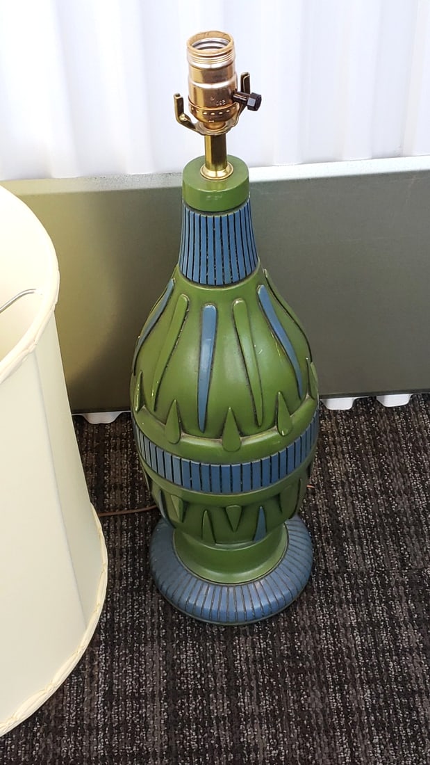 Mid Century Green and Blue Ceramic Table Lamp with Cream Drum Shade, 23 in - 2