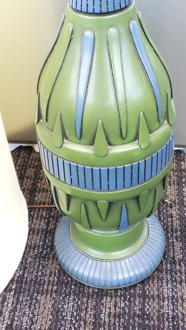 Mid Century Green and Blue Ceramic Table Lamp with Cream Drum Shade, 23 in - 3